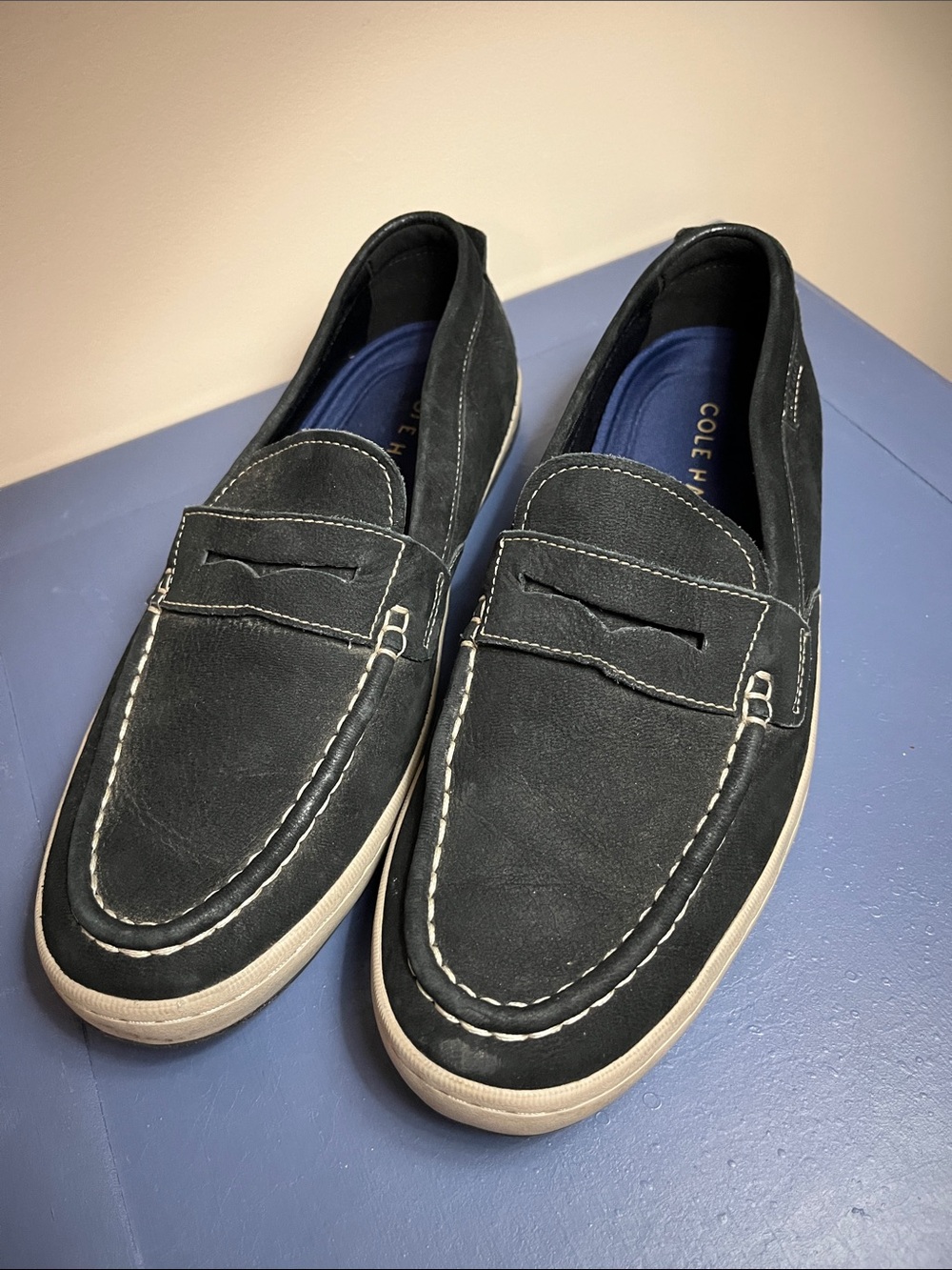 Cole Haan Black Suede Slip-On Penny Loafers with White Sole